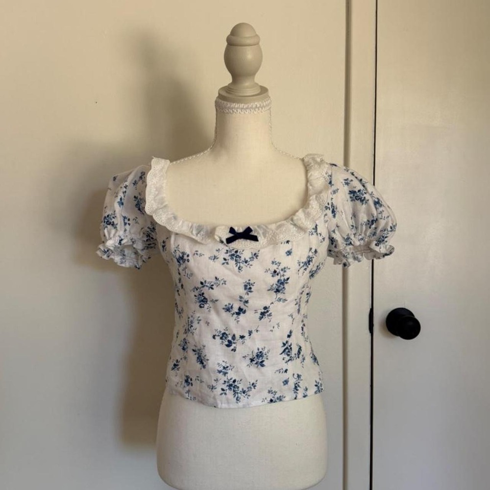 Reformation Alice Lace Trim Puff Sleeve Crop Top Blue Floral Cottagecore NWT